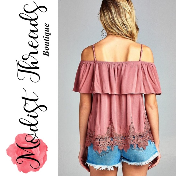 Pink Flounce Off The Shoulder Woven Crinkle Top - Picture 3 of 4